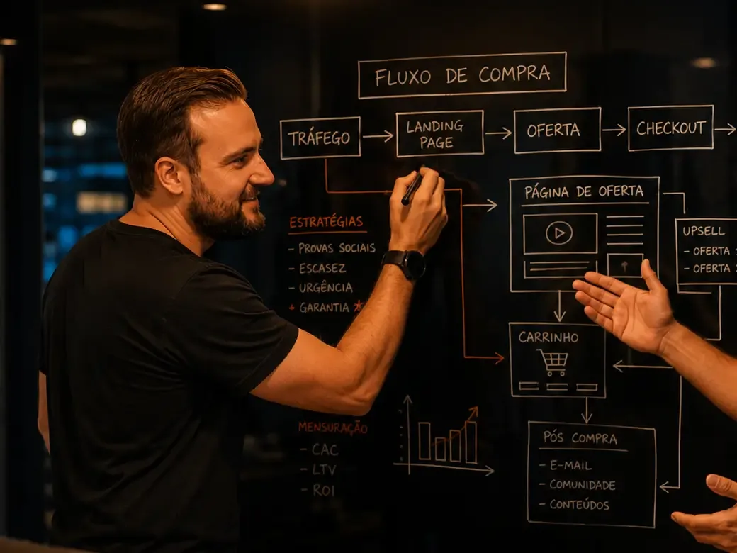 Lucas Stefanello desenhando o fluxo de compra na lousa