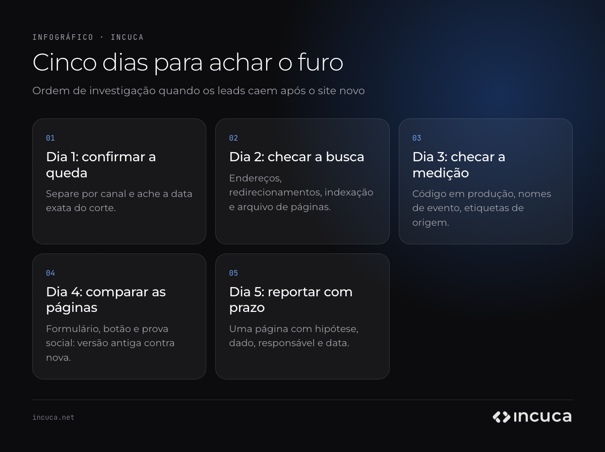 Infográfico com cinco passos de diagnóstico de queda de leads depois da troca de site, do dia 1 ao dia 5